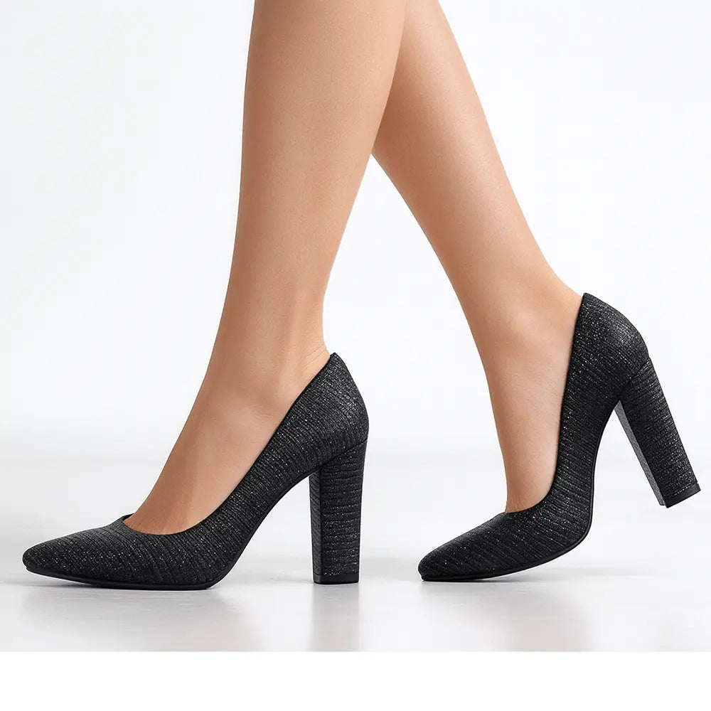 Siyah Simli Kadın Kalın Topuklu Ayakkabı MA-023 RUBRICA