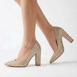 Altın Simli Kadın Kalın Topuklu Ayakkabı MA-023 RUBRICA