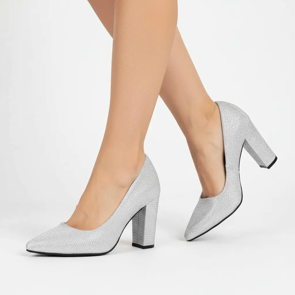 Gümüş Simli Kadın Kalın Topuklu Ayakkabı MA-023 RUBRICA