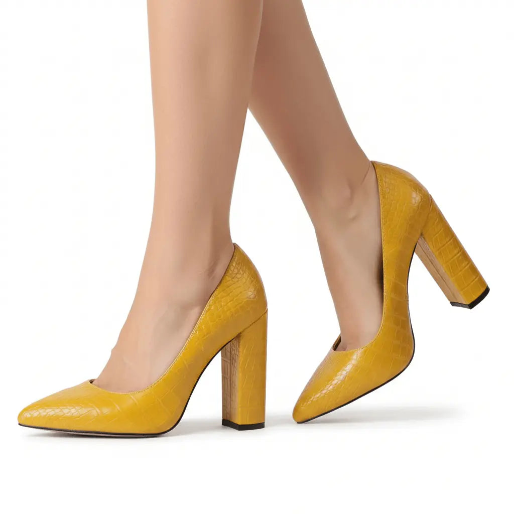 Hardal Krokodil Kadın Kalın Topuklu Ayakkabı MA-023 RUBRICA