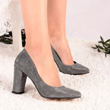 Platin Simli Kadın Kalın Topuklu Ayakkabı MA-023 RUBRICA