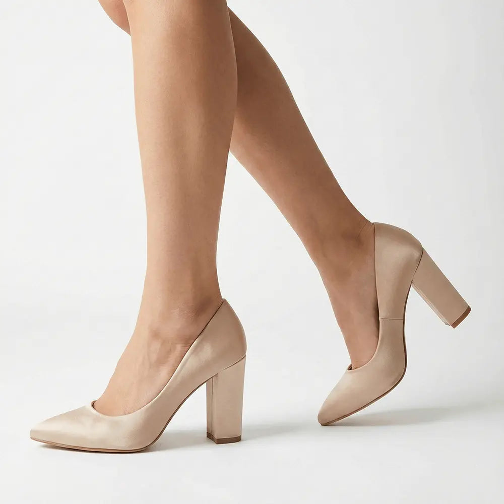 Bej Saten Kadın Kalın Topuklu Ayakkabı MA-023