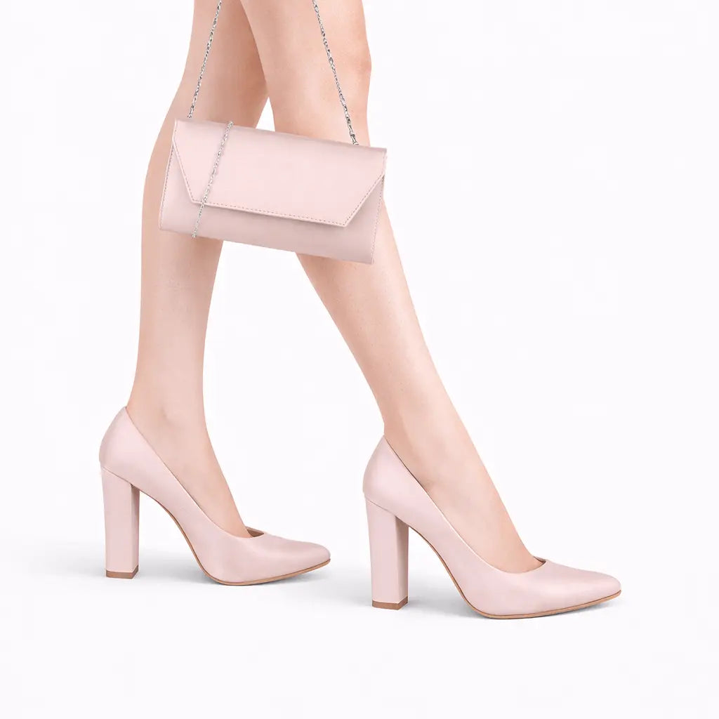 Bej Saten Topuklu Ayakkabı Çanta Set RA-023 RUBRICA 