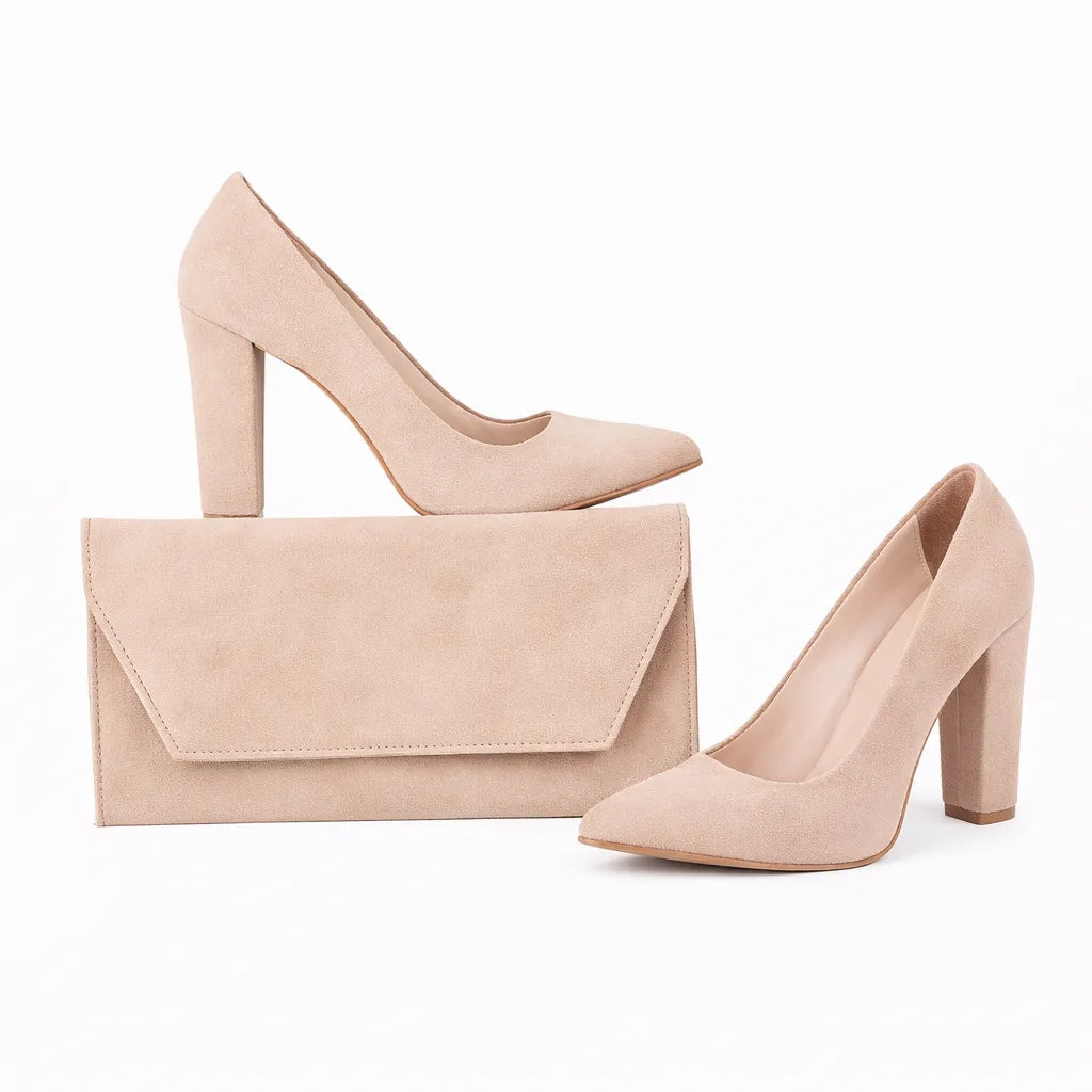 Bej Süet Topuklu Ayakkabı Çanta Set RA-023