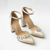 Bej Taşlı Bilekten Bağlamalı Topuklu Ayakkabı RA-8001