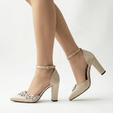 Bej Taşlı Bilekten Bağlamalı Topuklu Ayakkabı RA-8001
