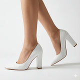 Beyaz Rugan Kadın Kalın Topuklu Ayakkabı MA-023