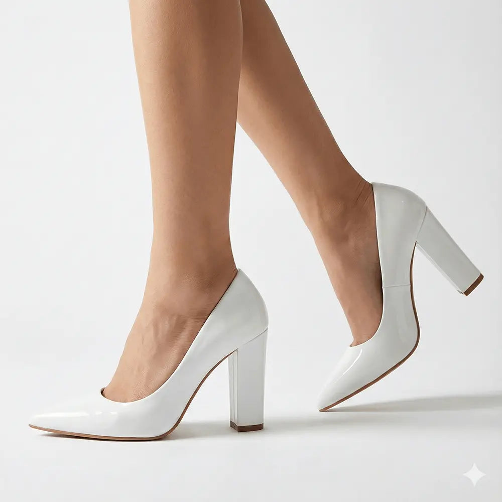 Beyaz Rugan Kadın Kalın Topuklu Ayakkabı MA-023