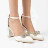 Beyaz Taşlı Kalın Topuklu Ayakkabı RA-032