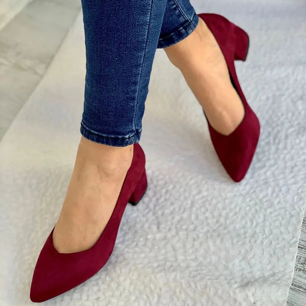 Bordo Süet Alçak Topuklu Ayakkabı RA-162