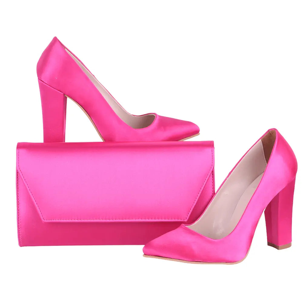 Fuşya Saten Topuklu Ayakkabı Çanta Set RA-023 RUBRICA 