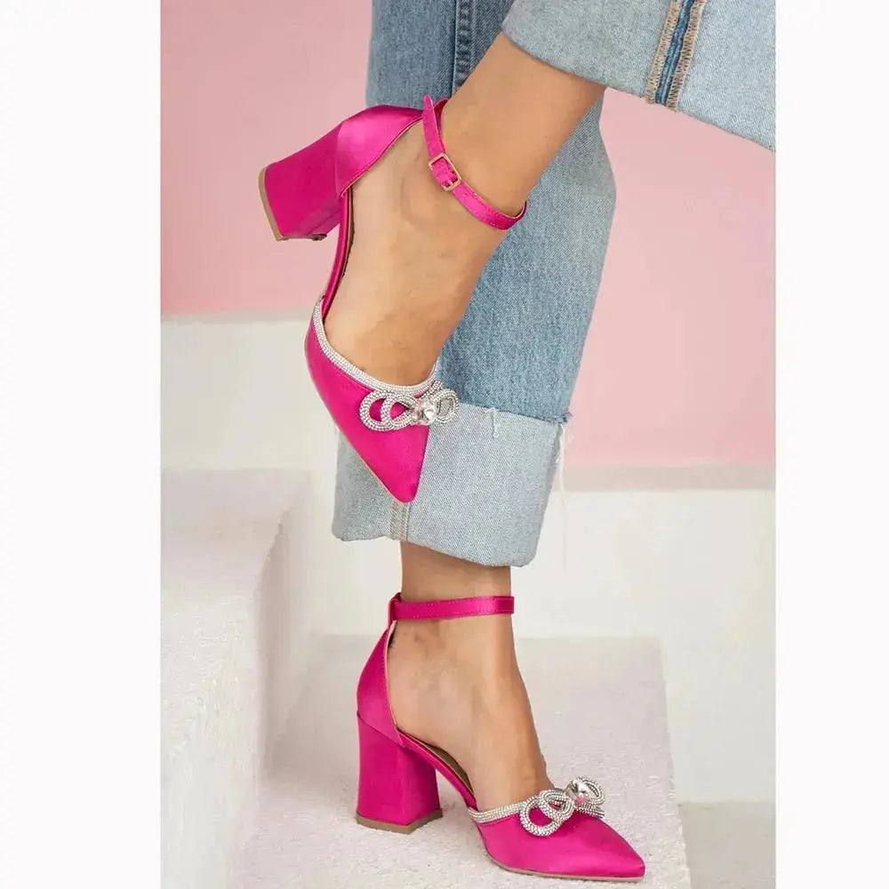 Fuşya Taşlı Kalın Topuklu Ayakkabı RA-032
