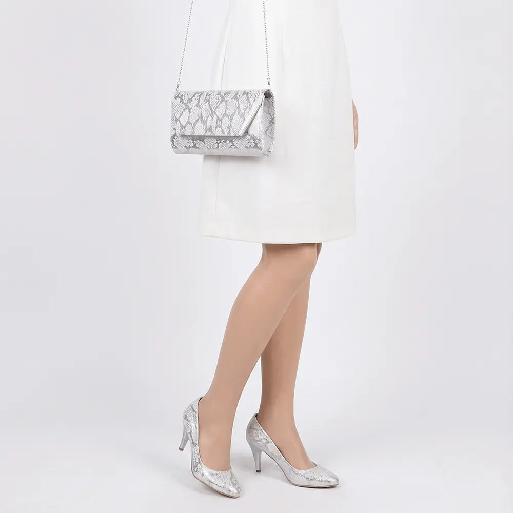 Gümüş Baskı Alçak Topuklu Ayakkabı Çanta Takım RA-017