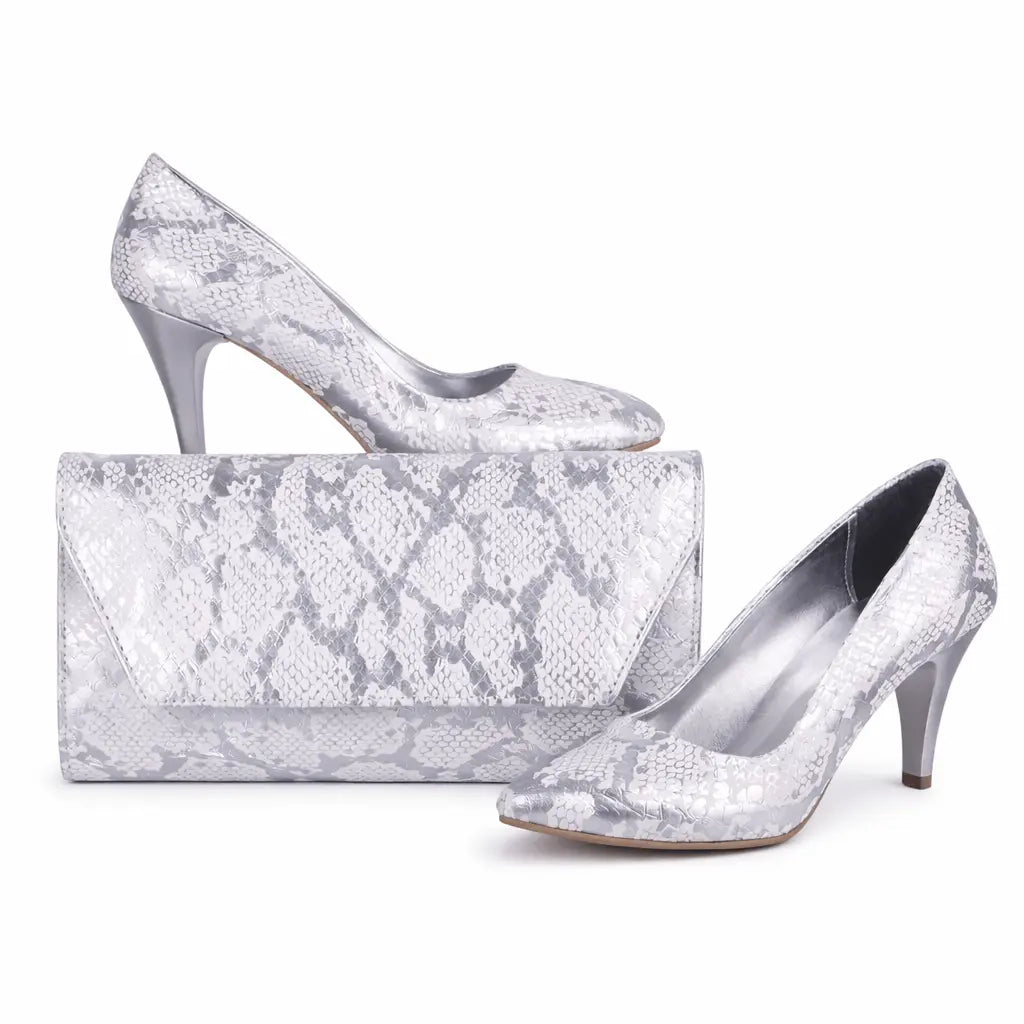 Gümüş Baskı Alçak Topuklu Ayakkabı Çanta Takım RA-017