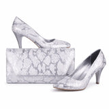 Gümüş Baskı Alçak Topuklu Ayakkabı Çanta Takım RA-017