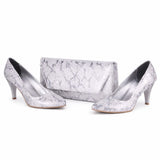 Gümüş Baskı Alçak Topuklu Ayakkabı Çanta Takım RA-017