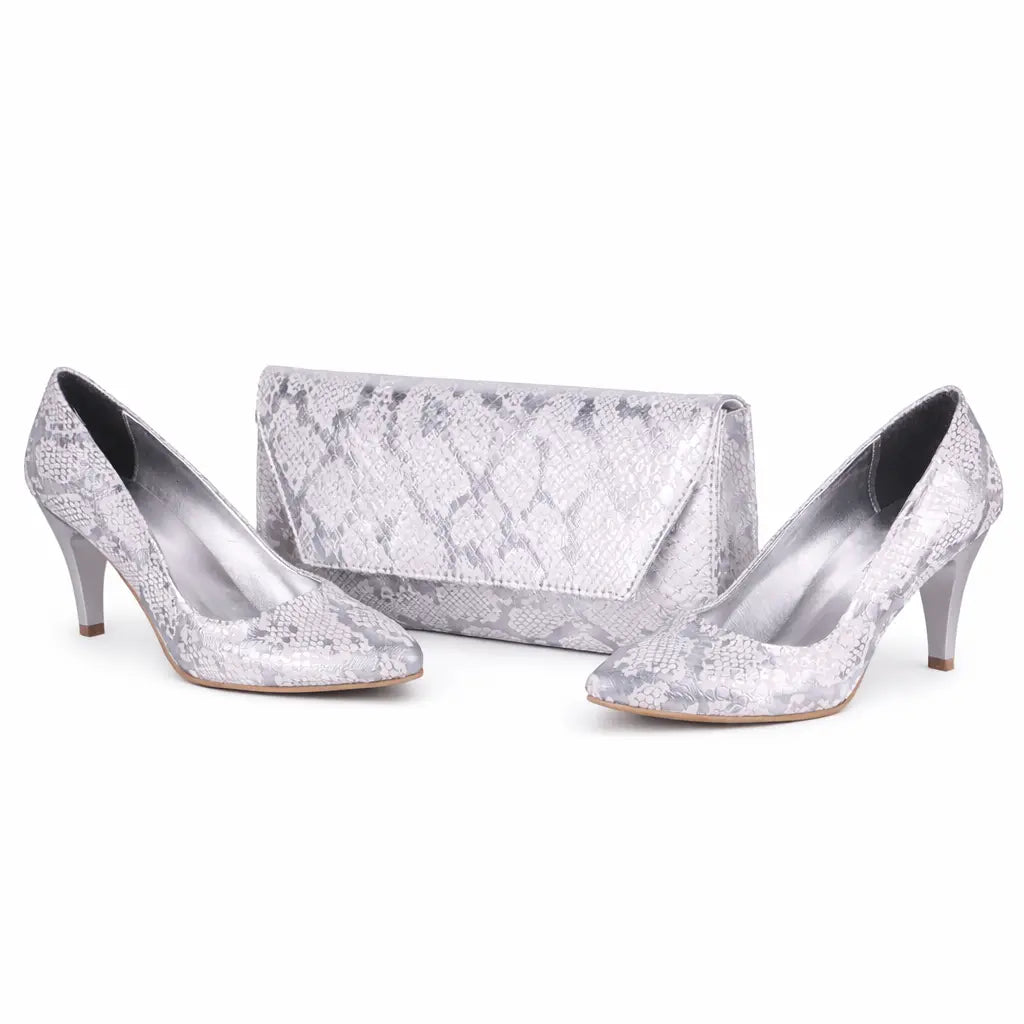 Gümüş Baskı Alçak Topuklu Ayakkabı Çanta Takım RA-017