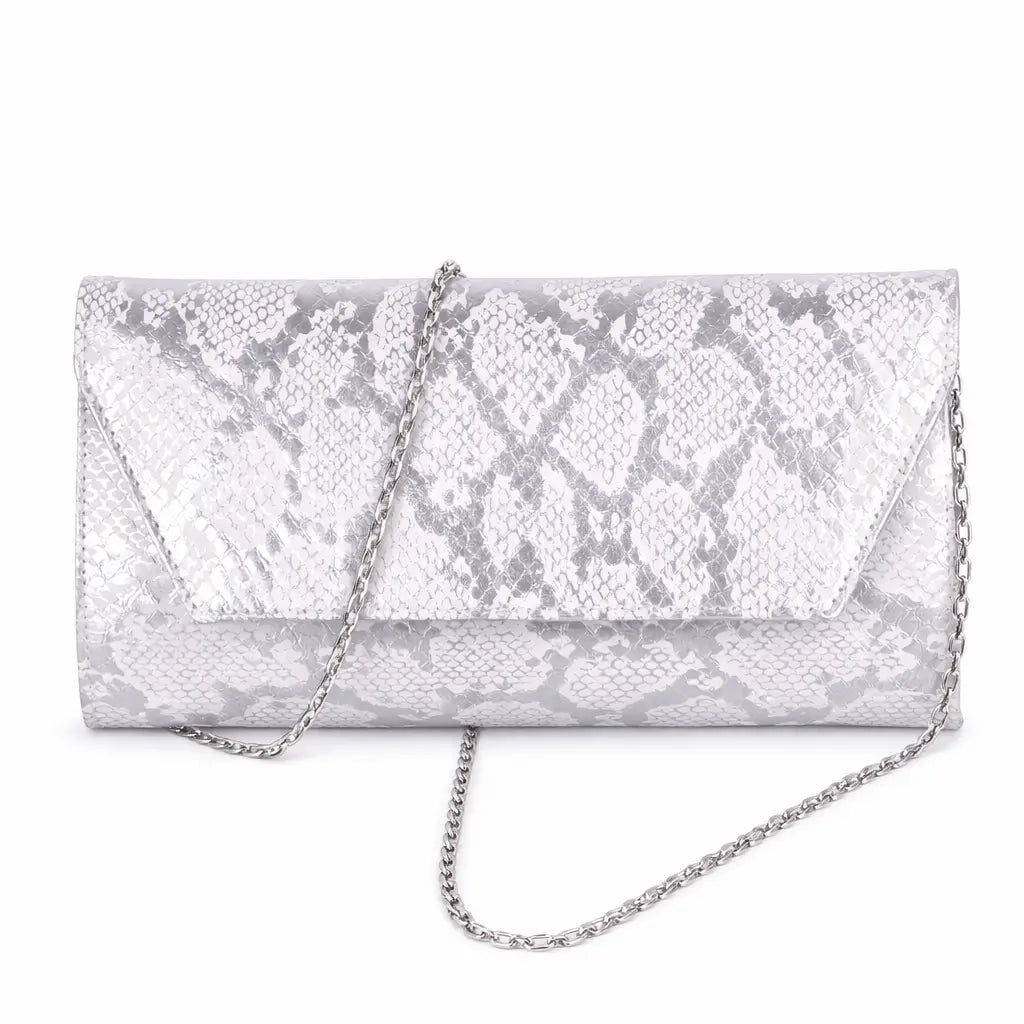 Gümüş Baskı Alçak Topuklu Ayakkabı Çanta Takım RA-017
