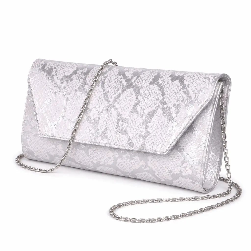 Gümüş Baskı Alçak Topuklu Ayakkabı Çanta Takım RA-017