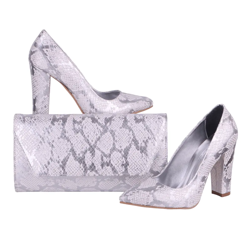 Gümüş Baskı Kalın Topuklu Ayakkabı Çanta Takım RA-023