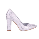 Gümüş Baskı Kalın Topuklu Ayakkabı Çanta Takım RA-023