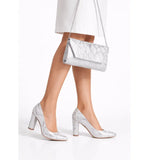 Gümüş Baskı Kalın Topuklu Ayakkabı Çanta Takım RA-023