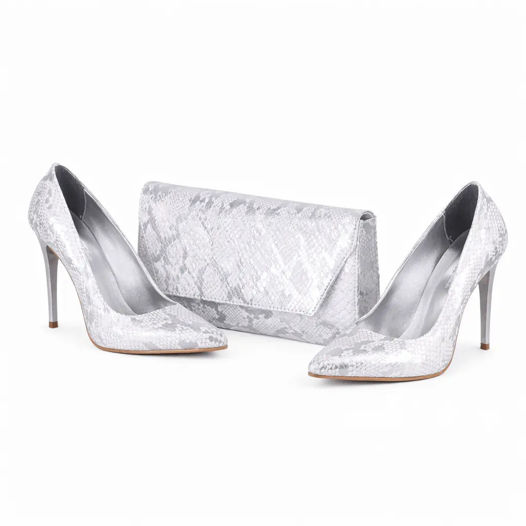 Gümüş Baskı Stiletto Ayakkabı Çanta Takım RA-021
