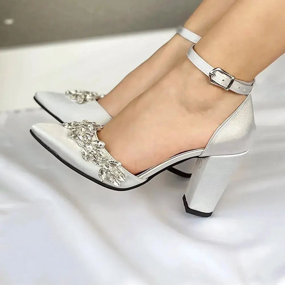 Gümüş Taşlı Bilekten Bağlamalı Topuklu Ayakkabı RA-8001