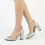 Gümüş Taşlı Bilekten Bağlamalı Topuklu Ayakkabı RA-8001