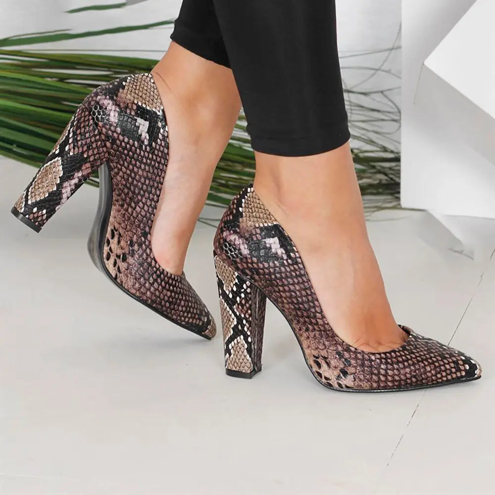 Kahverengi Baskı Kadın Kalın Topuklu Ayakkabı MA-023