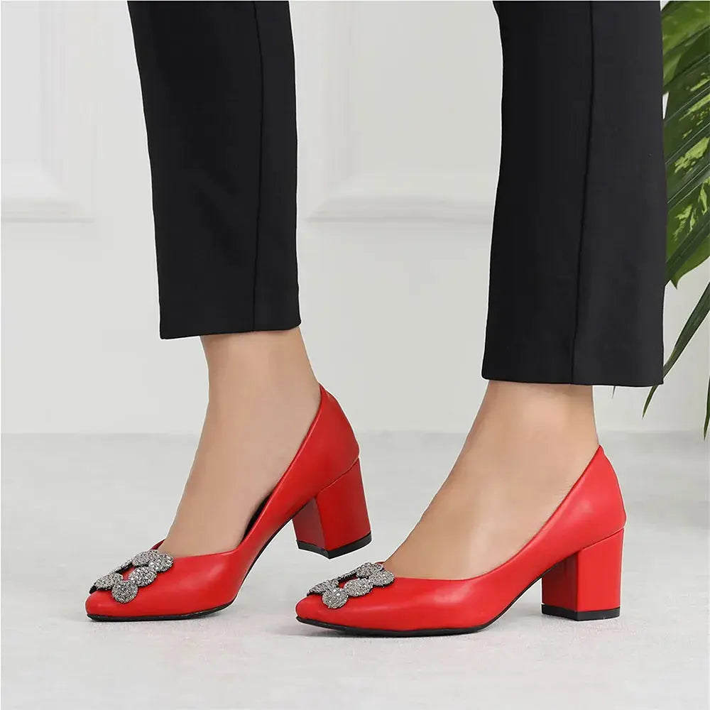 Kırmızı Alçak Topuklu Taşlı Abiye Ayakkabı RA-1620