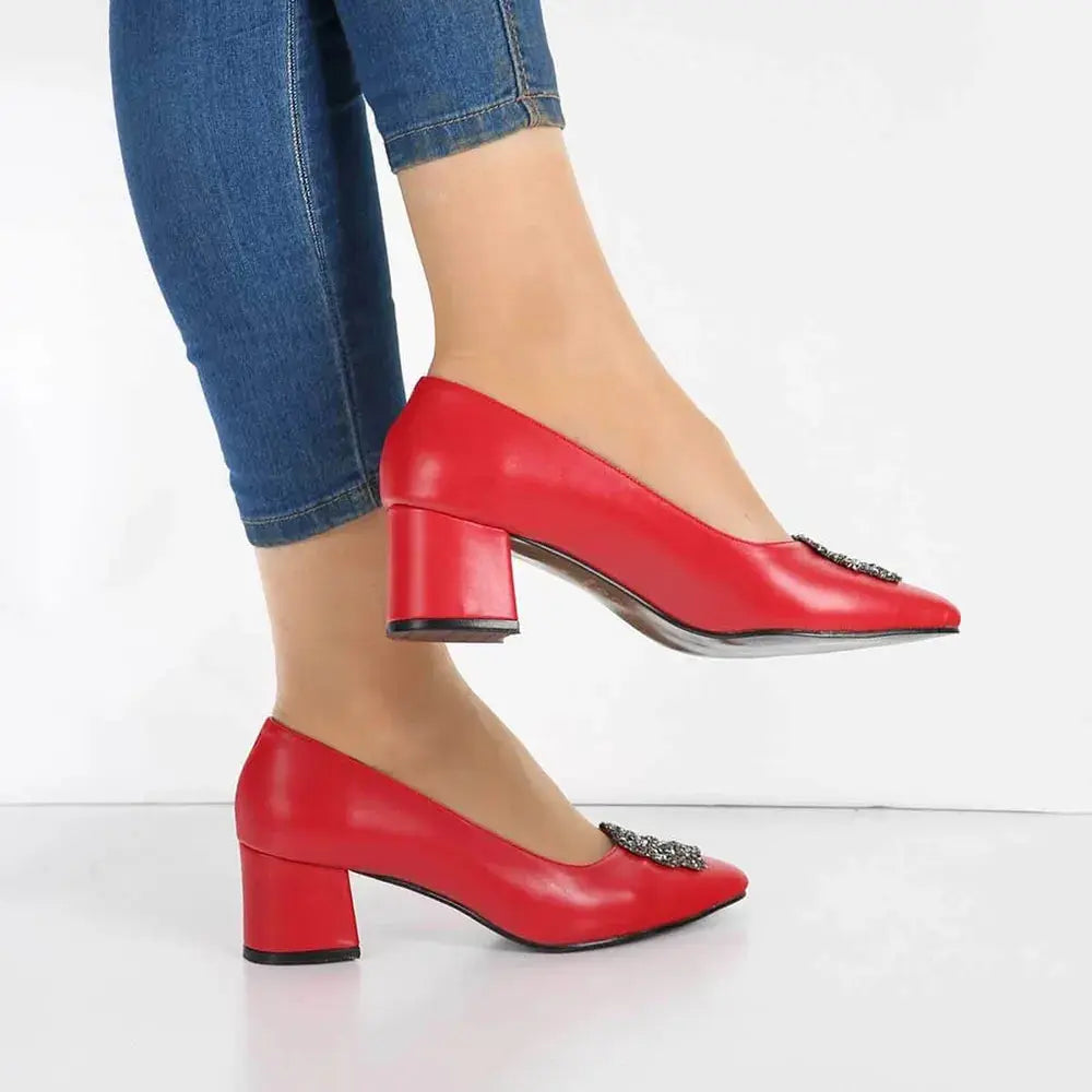 Kırmızı Alçak Topuklu Taşlı Abiye Ayakkabı RA-1620