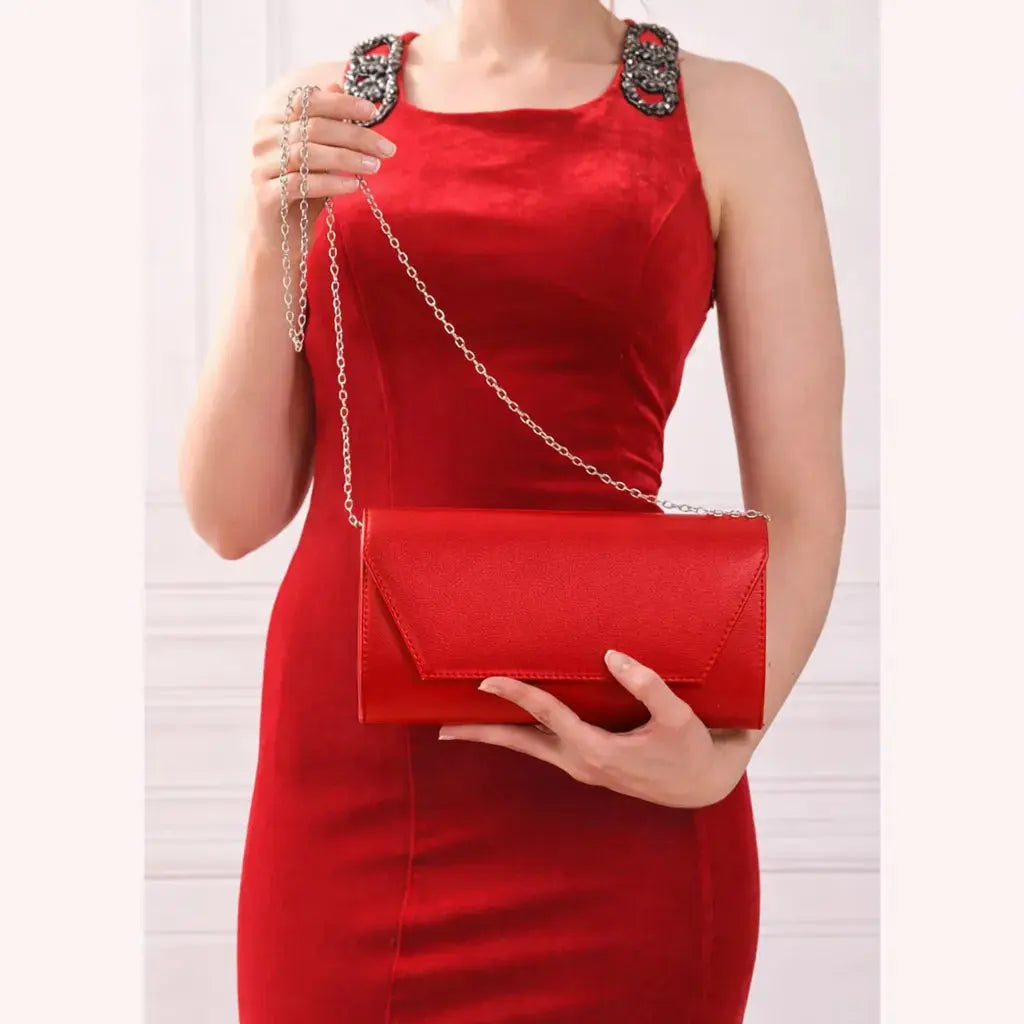 Kırmızı Cilt Zincirli Abiye Çanta SH-01 RUBRICA 
