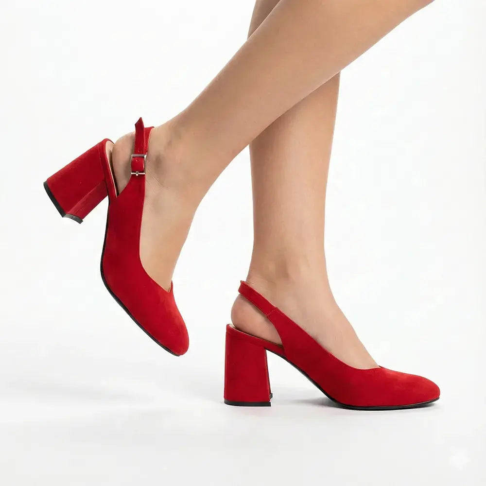Kırmızı Süet Bilekten Bağlamalı Kalın Topuklu Ayakkabı MA-028
