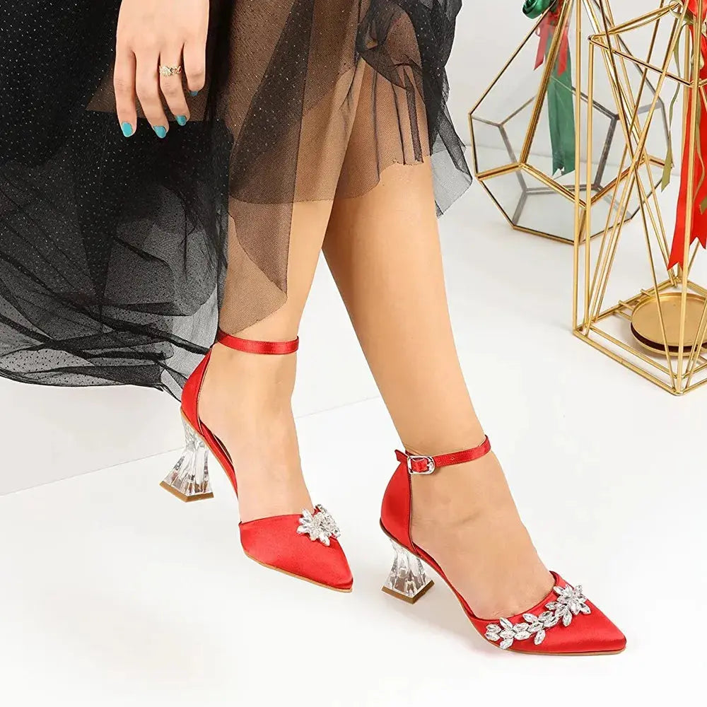 Kırmızı Taşlı Bilekten Bağlamalı Topuklu Ayakkabı RA-561