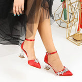 Kırmızı Taşlı Bilekten Bağlamalı Topuklu Ayakkabı RA-561