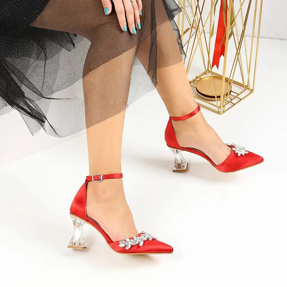 Kırmızı Taşlı Bilekten Bağlamalı Topuklu Ayakkabı RA-561