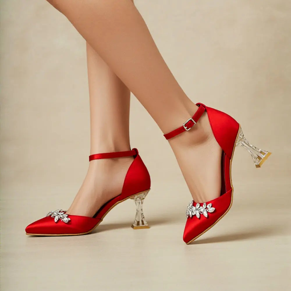 Kırmızı Taşlı Bilekten Bağlamalı Topuklu Ayakkabı RA-561