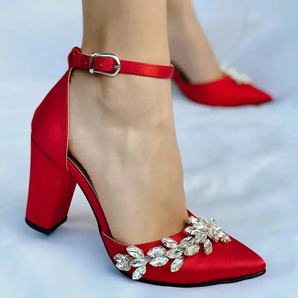 Kırmızı Taşlı Bilekten Bağlamalı Topuklu Ayakkabı RA-8001