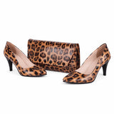 Leopar Baskı Alçak Topuklu Ayakkabı Çanta Takım RA-017
