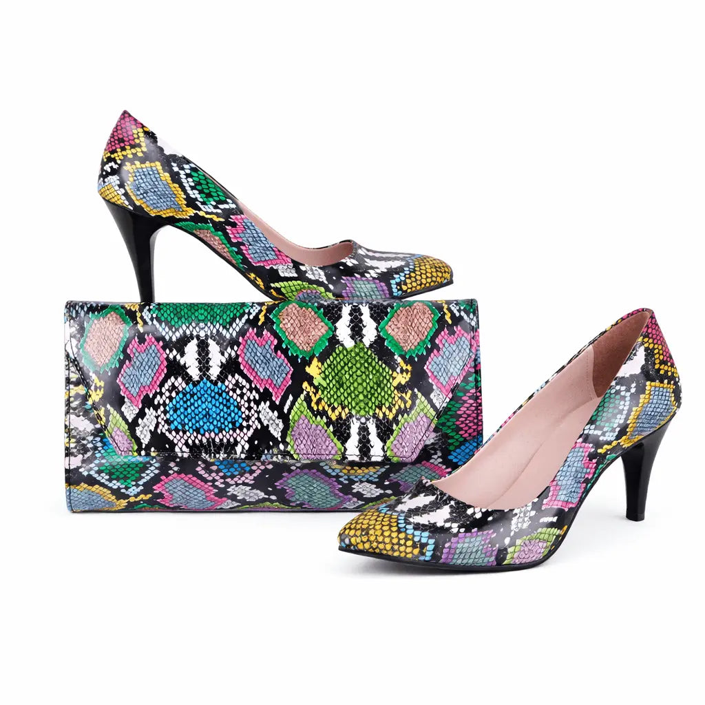 Mavi Baskı Alçak Topuklu Ayakkabı Çanta Takım RA-017