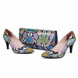 Mavi Baskı Alçak Topuklu Ayakkabı Çanta Takım RA-017