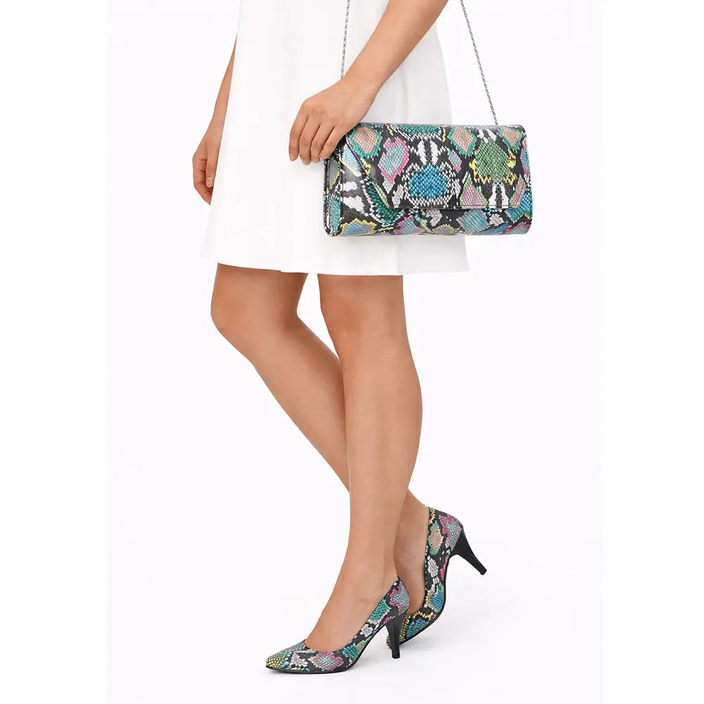 Mavi Baskı Alçak Topuklu Ayakkabı Çanta Takım RA-017