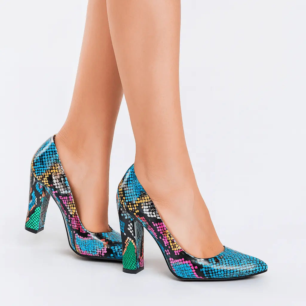 Mavi Baskı Kadın Kalın Topuklu Ayakkabı MA-023