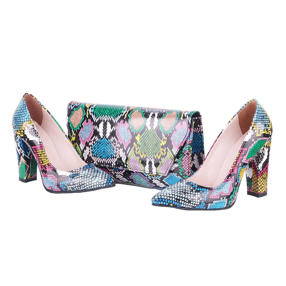 Mavi Baskı Kalın Topuklu Ayakkabı Çanta Takım RA-023 RUBRICA 