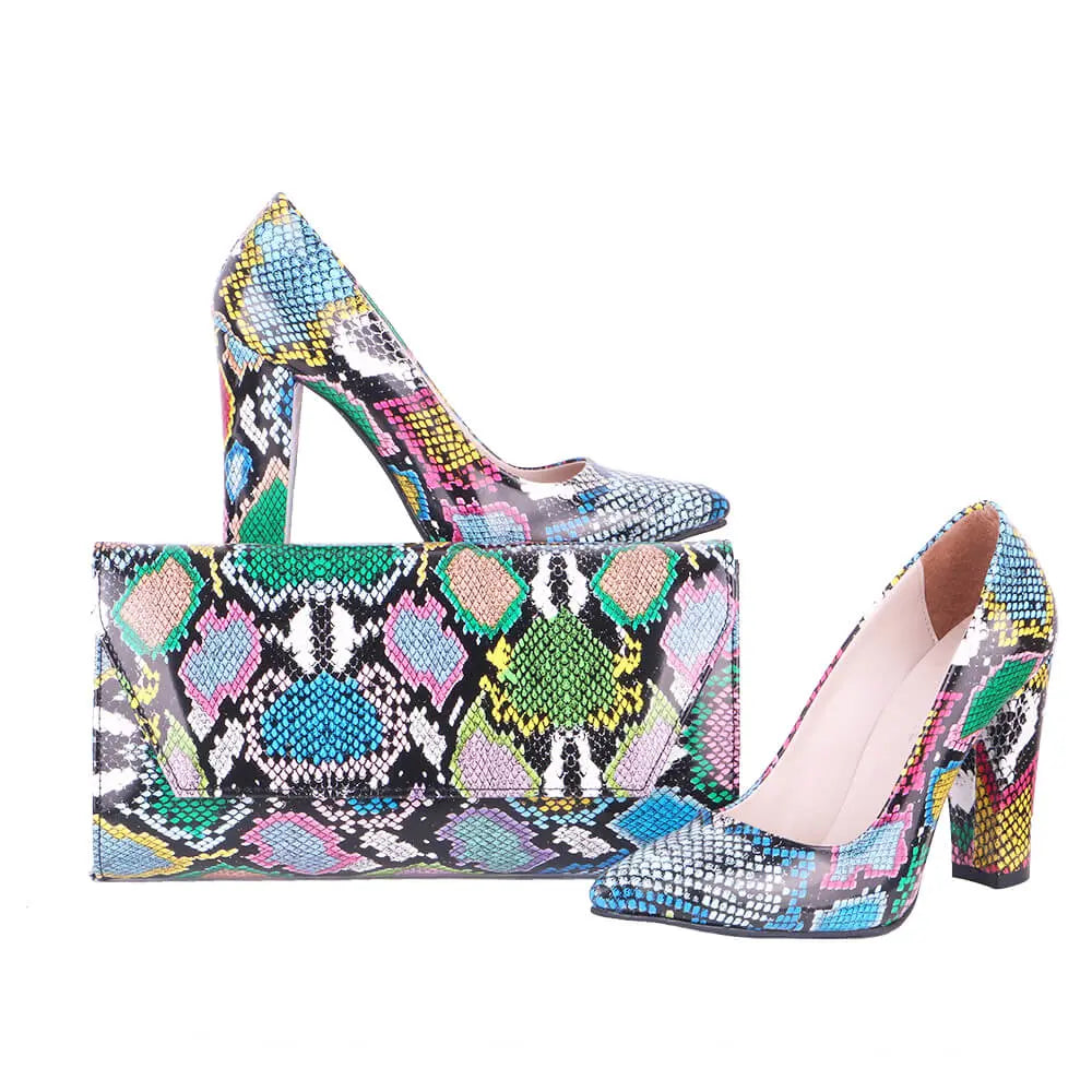 Mavi Baskı Kalın Topuklu Ayakkabı Çanta Takım RA-023 RUBRICA 