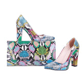 Mavi Baskı Kalın Topuklu Ayakkabı Çanta Takım RA-023 RUBRICA 