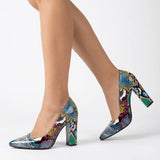 Mavi Baskı Kalın Topuklu Ayakkabı Çanta Takım RA-023 RUBRICA 