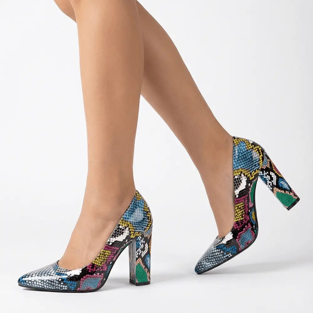 Mavi Baskı Kalın Topuklu Ayakkabı Çanta Takım RA-023 RUBRICA 