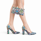 Mavi Baskı Kalın Topuklu Ayakkabı Çanta Takım RA-023 RUBRICA 